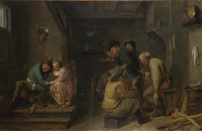 A lively tavern scene with people drinking and socializing