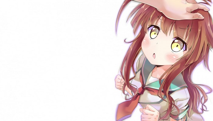 Anime girl with yellow eyes being petted