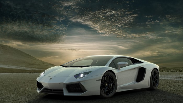 White Lamborghini Aventador in a Desert Landscape