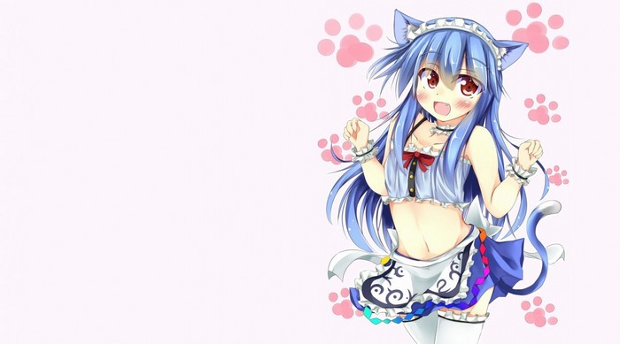 Anime girl with blue hair and cat ears in maid outfit