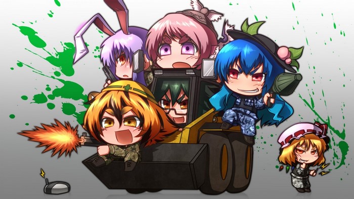Touhou characters in a vehicle with weapons
