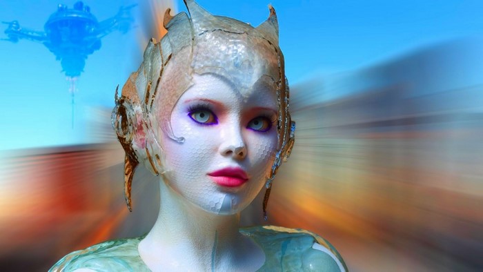 CGI render of a woman with alien features and a blue spacecraft