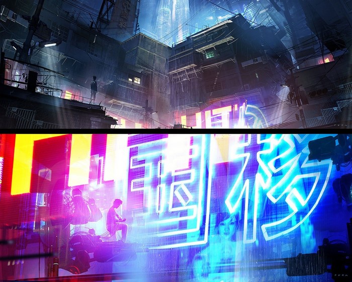 Futuristic cityscape with neon signs and figures