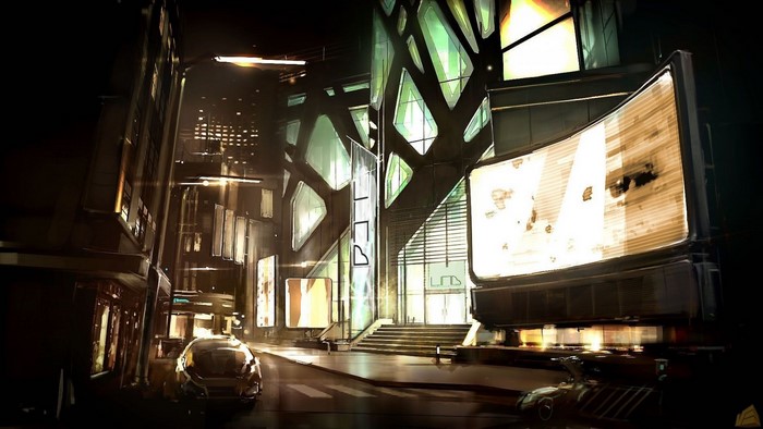 Cyberpunk city street at night with futuristic architecture