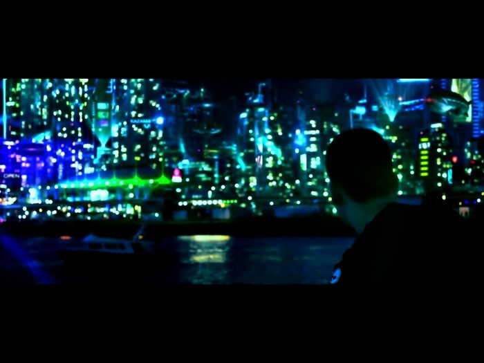 Cyberpunk city at night with person looking out
