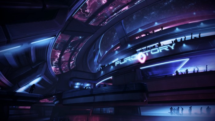 Mass Effect 3 interior with neon lights and people