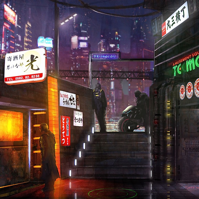 Cyberpunk street at night with neon signs and people