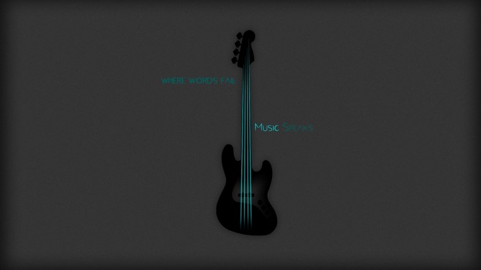 Minimalist illustration of a black bass guitar with glowing blue strings