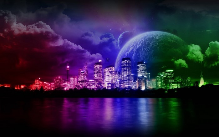 Colorful futuristic cityscape at night with planets