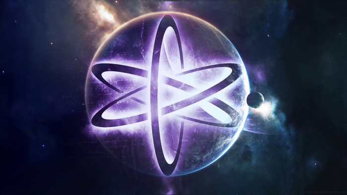 Abstract atom model in outer space with planets