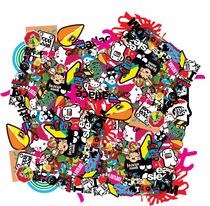 Sticker bomb collage forming a human head silhouette