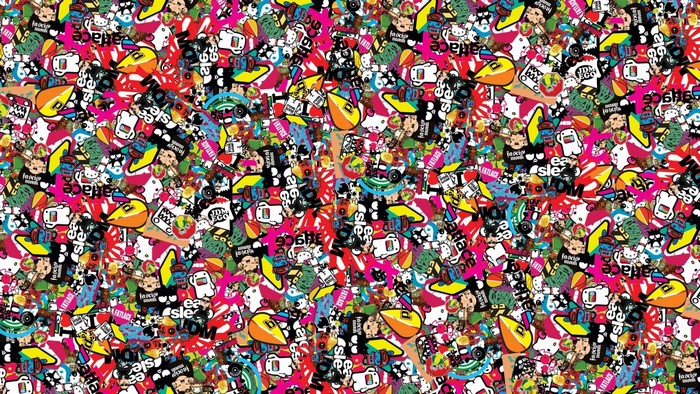 Sticker Bomb with various cartoon characters and text