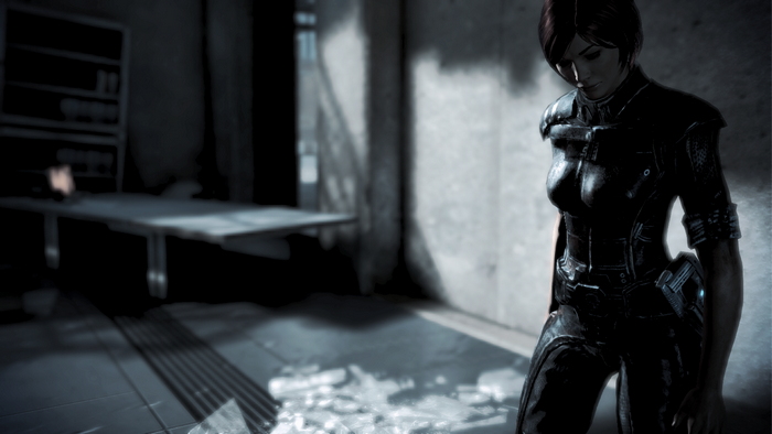 Commander Shepard from Mass Effect 3 in a dark room