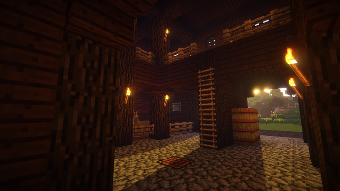 Minecraft interior with wooden structures and torches