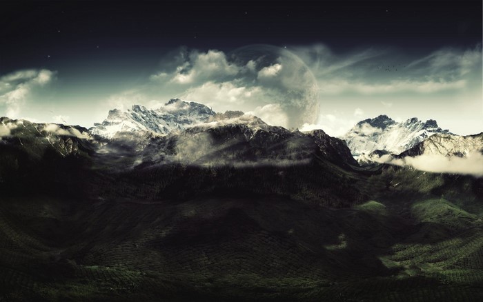 Moonlit Mountains with Clouds and Stars