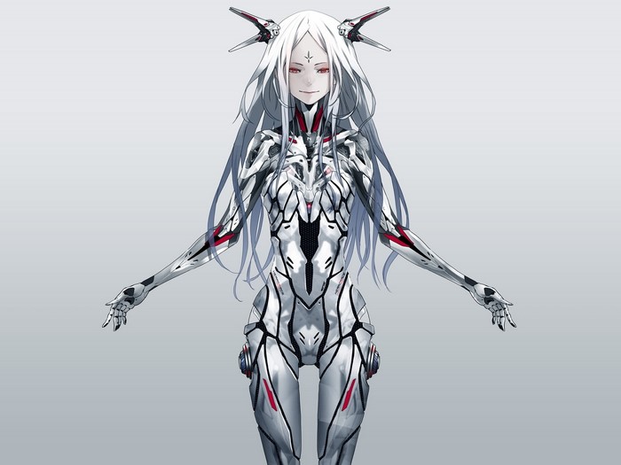 Anime girl in futuristic white and red armor