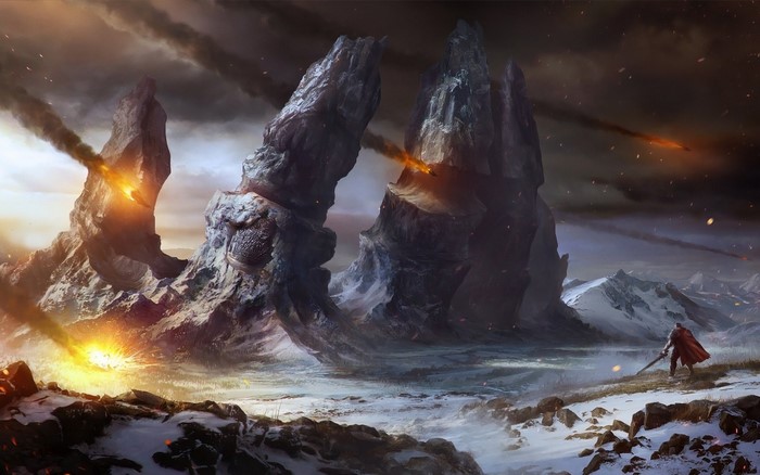 Warrior in a snowy landscape with meteors and rock formations
