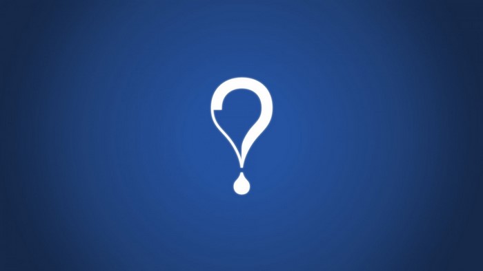 White question mark logo with a drop on blue background