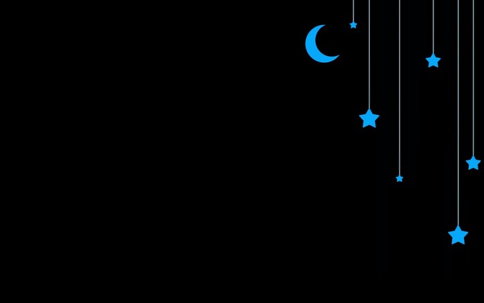 Minimalist blue moon and stars on black background