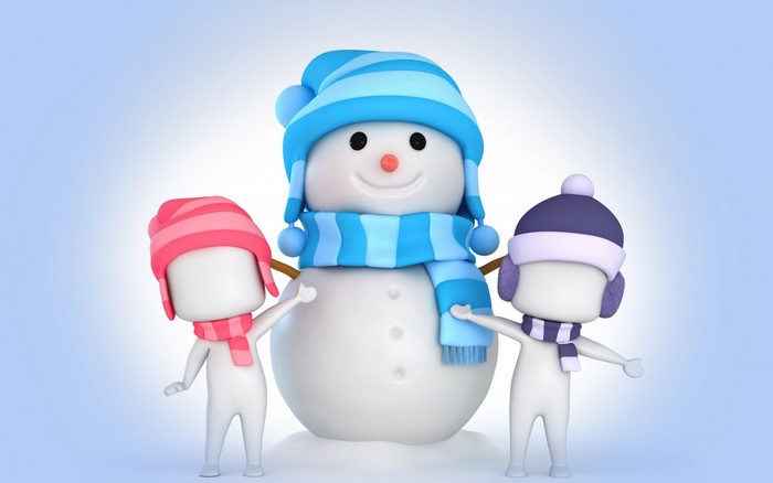 Snowman with two children in winter hats
