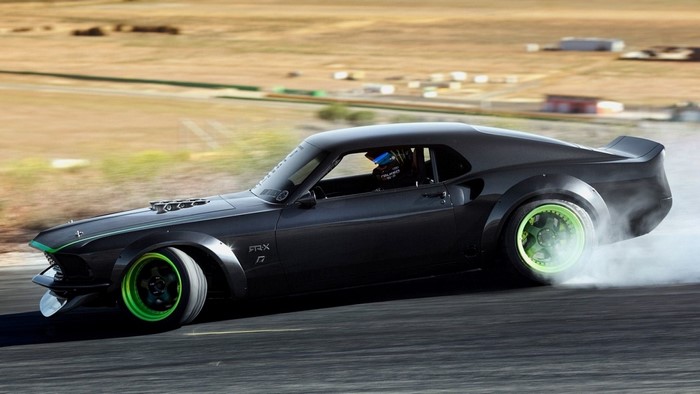 Ford Mustang FRX drifting with green wheels