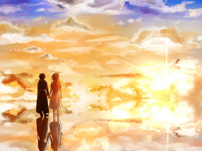Kirito and Asuna from Sword Art Online at sunset