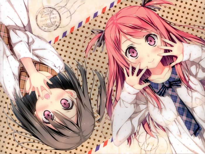 Two anime girls with pink and dark hair