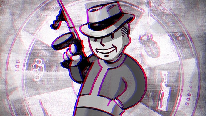 Vault Boy from Fallout 3 holding a Tommy Gun