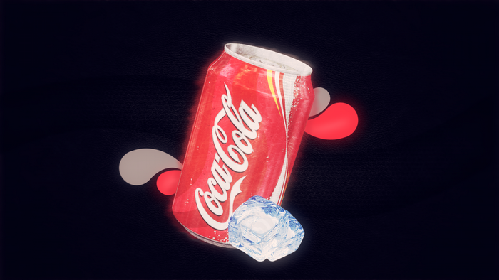 Coca-Cola can with ice cubes and abstract shapes