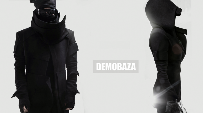 Demobaza black futuristic hooded coat and outfit