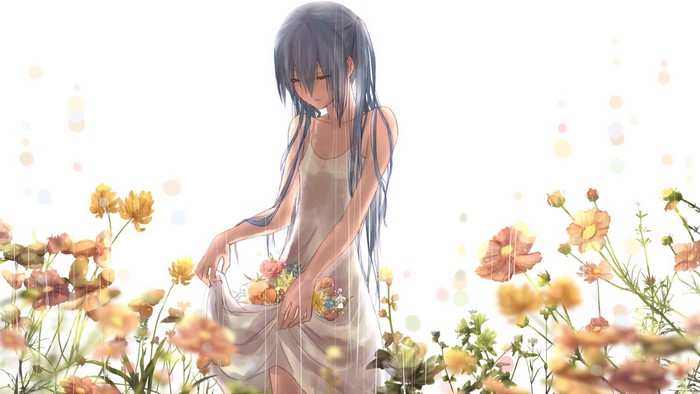 Anime girl in a dress collecting flowers in the rain