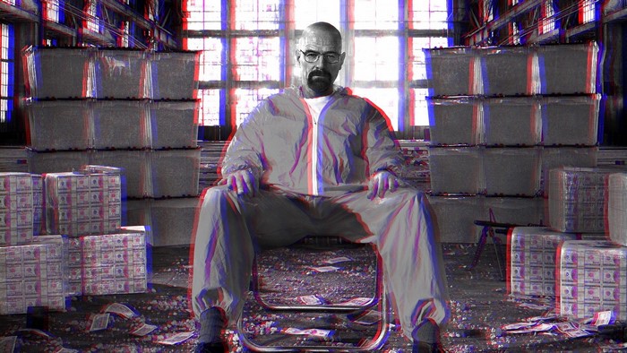 Walter White from Breaking Bad in warehouse with money