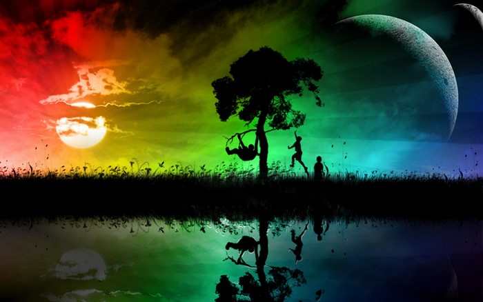 Children playing on a tree with a rainbow sky and moon
