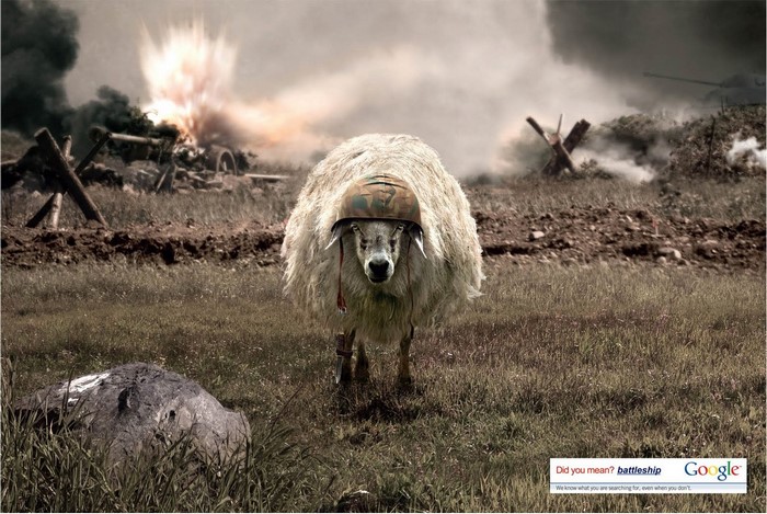 Sheep in a helmet in a battlefield with Google logo