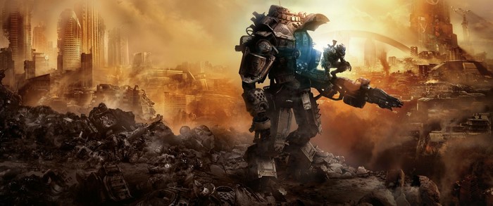 Soldier in a mech suit in a destroyed city