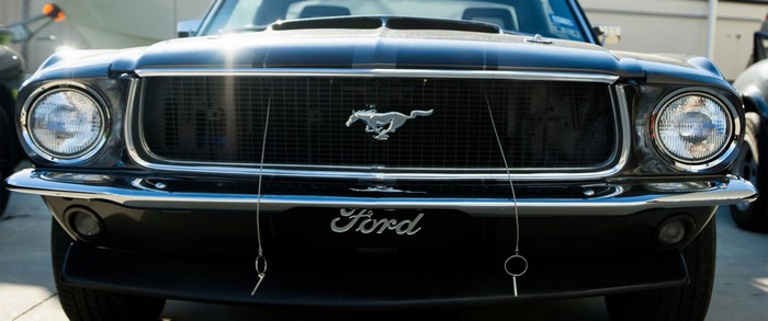 Front view of a black 1969 Ford Mustang