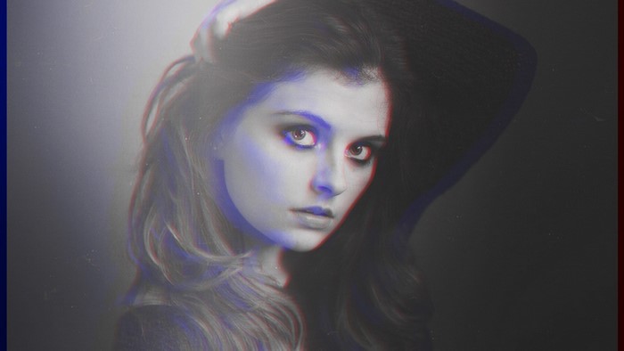 Woman with anaglyph 3D effect and blue and red overlay