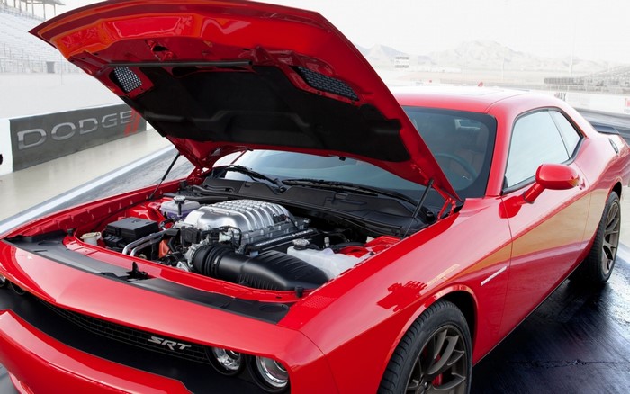 Red Dodge Challenger SRT Hellcat with Hood Open