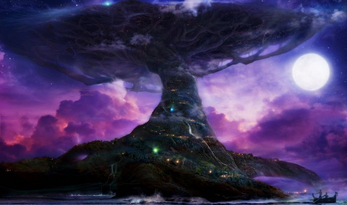 Fantasy tree city under a full moon