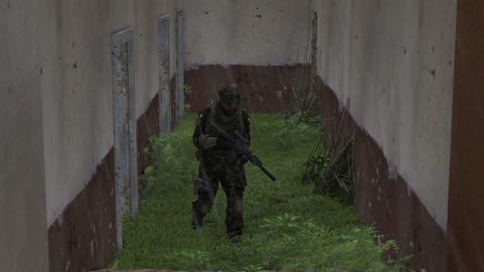 Soldier with rifle in abandoned building in Arma 3