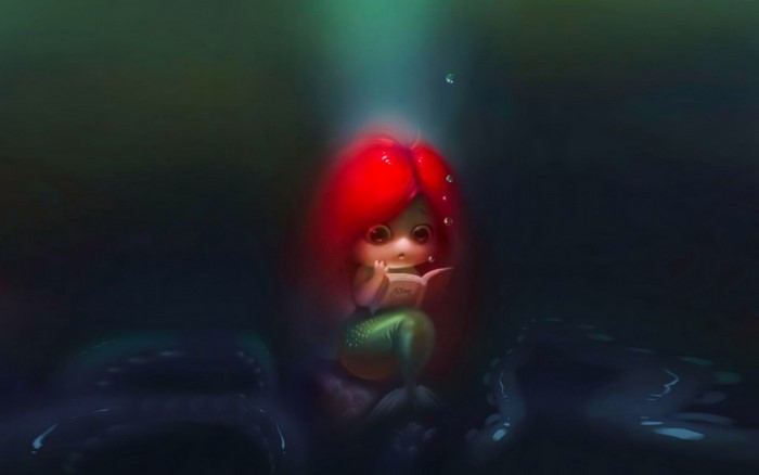 Ariel reading a book underwater