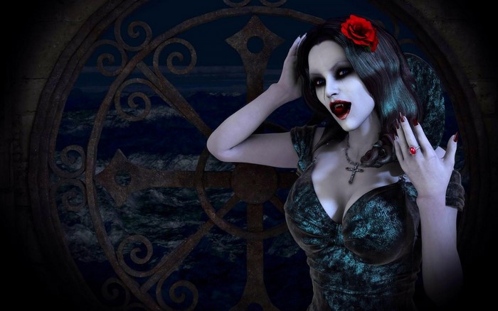 Vampire woman with red rose and cross necklace
