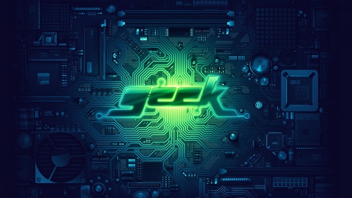 Green "GEEK" text on a computer motherboard