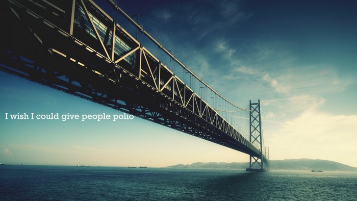 Bridge over the sea with text