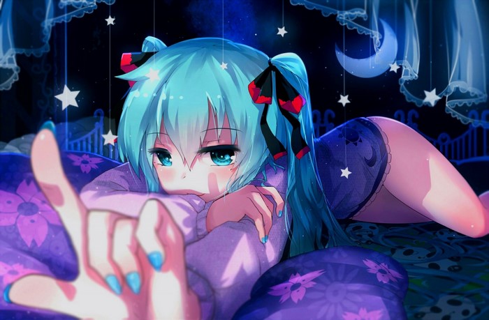 Hatsune Miku lying on a bed at night