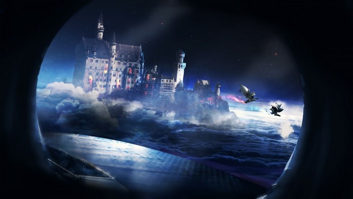 Fantasy castle floating in clouds at night with dragons