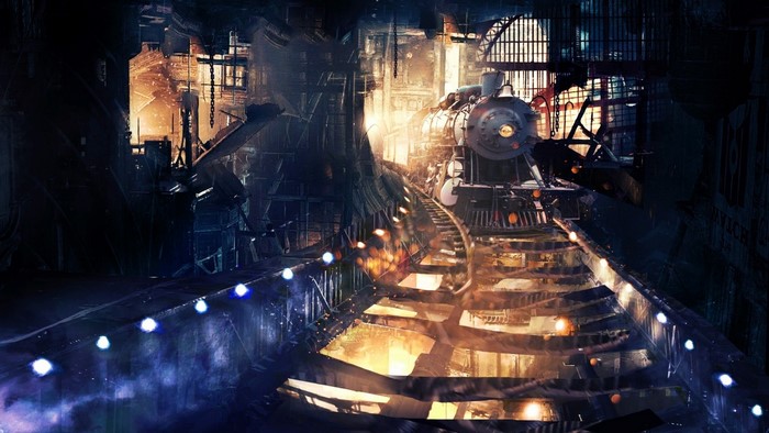 Steampunk train in a dark industrial station at night