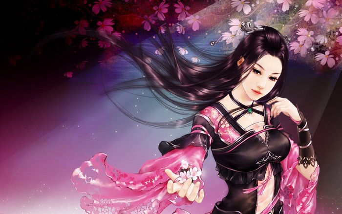 Fantasy art of a woman with black hair and pink dress