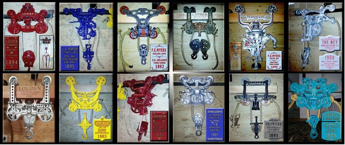 Collage of antique hay trolleys and pulleys