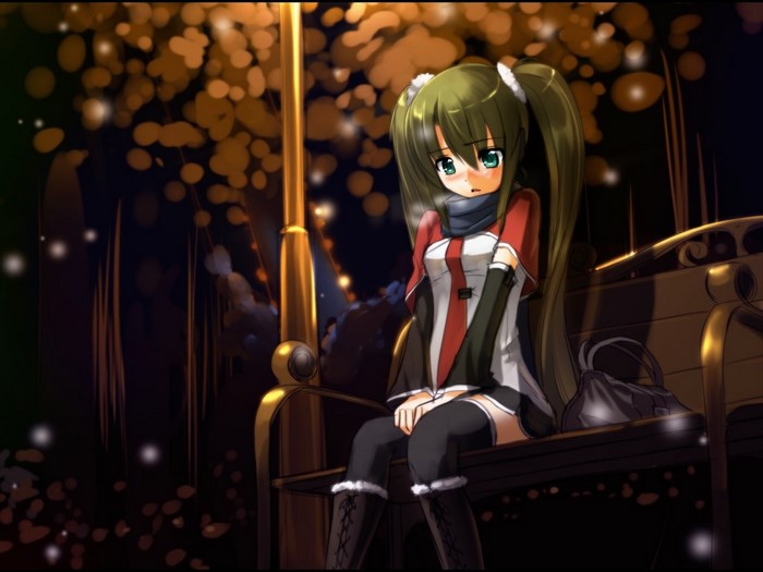 Anime girl with pigtails sitting on a bench at night